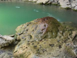 Where the water falls onto the rocks below
